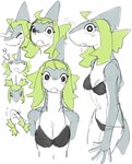 5_fingers anthro big_breasts bikini bikini_top black_bikini black_bikini_bottom black_bikini_top black_clothing black_swimwear blush bottomwear breasts cat_pepper cleavage clothed clothing digital_media_(artwork) eyelashes eyes_closed female fingers fish front_view green_hair grey_body grey_skin hair head_pat hi_res long_hair looking_at_viewer marine multicolored_body navel open_mouth roji_(cat_pepper) shark side_view simple_background sketch solo swimwear teeth two_tone_body white_body white_skin