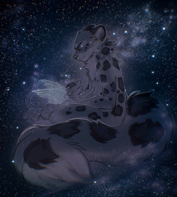 5_fingers ambiguous_gender anthro biped duo eyes_closed fingers fur handpaw male nude nude_anthro nude_male paws sitting smile spots star tail wings magenta7 felid mammal pantherine snow_leopard 2025 hi_res