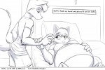 3:2 anthro bed bedroom belly big_belly canid canine clothed clothing comic duo english_text faf fafcomics female fox furniture greyscale hetty_(faf) imminent_belly_rub jimmy_(faf) lying male mammal monochrome obese on_back overweight pillow text