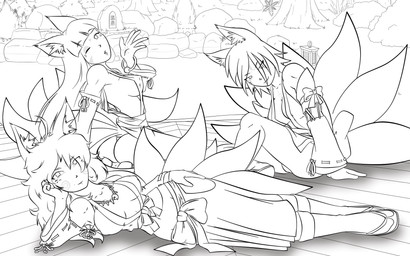 asian_clothing breasts cleavage clothed clothing east_asian_clothing facial_markings female group head_markings hot_spring japanese_clothing jewelry kimono kissing lamp lantern looking_at_viewer markings multi_tail necklace outside plant ribbons rock tail tattoo tree water wedgeskyrocket corruption_of_champions animal_humanoid canid canid_humanoid canine canine_humanoid fox fox_humanoid humanoid mammal mammal_humanoid 16:10 absurd_res hi_res widescreen
