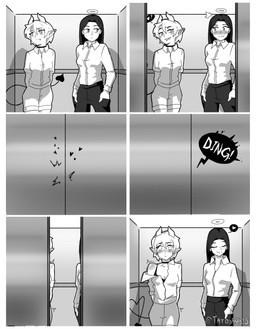 blush bottomwear bra breasts cleavage clothed clothing duo elevator eyes_closed female female/female front_view hair halo heart_symbol humanoid_pointy_ears not_furry onomatopoeia pants pointy_ears shirt smile sound_effects spade_tail tail text topwear underwear tatodrudis demon demon_humanoid humanoid comic hi_res monochrome