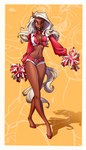 anthro blonde_hair bottomwear breasts brown_body brown_eyes brown_fur cheerleader cleavage clothed clothing eyebrows eyelashes female fur hair hooves hotpants midriff navel one_eye_closed open_mouth pom_poms red_hooves shorts solo teeth holivi equid equine horse mammal absurd_res hi_res