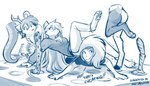 2024 all_fours anthro antlers barefoot blep blue_and_white butt canid canine canis casual_nudity chimera chimera_(twokinds) clothed clothing conditional_dnp database_error_(twokinds) detachable detachable_limbs dialogue digitigrade english_text feet felid female flora_(twokinds) fur group hair hair_over_eye hi_res hooves horn human hybrid keidran leopard male mammal markings monochrome one_eye_obstructed one_leg_up pantherine patchwork_creature pawpads raine_silverlock raised_leg sketch smile social_nudity spots spotted_body spotted_fur stretching striped_body striped_fur stripes text tiger tom_fischbach tongue tongue_out twister twokinds unguligrade wolf