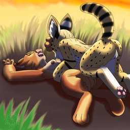 3_toes 4_fingers anthro bite breast_bite breast_play breasts duo feet female female/female fingers genitals male paws toes vulva lewdkitten069 caracal caracal_(genus) felid feline mammal serval 1:1 absurd_res hi_res