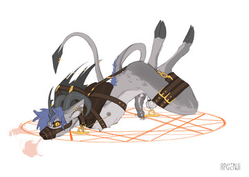anthro armbinder arms_tied ball_stretcher balls bdsm binder_(restraint) blue_hair bodily_fluids bondage bondage_gear bound breath cloven_hooves cock_and_ball_torture collar cum ear_piercing fur furgonomic_piercing furgonomics genital_fluids genital_piercing genital_torture genitals grey_balls grey_body grey_fur grey_hooves grey_horn grey_nipples grey_penis hair hogtied hooves horn leash legs_tied male muzzle_(object) muzzled nipples penis penis_piercing piercing prince_albert_piercing red_sclera restraints solo submissive submissive_anthro submissive_male tail tail_piercing text unguligrade yellow_eyes bassenji thonius_(incendax) demon 2022 absurd_res artist_name digital_media_(artwork) hi_res