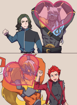 abs anthro black_body black_fur blonde_hair fur gesture group hair heart_gesture male muscular muscular_anthro muscular_male orange_body orange_fur pecs red_hair white_hair lws4cydxt bandai_namco digimon digimon_beatbreak kaito_kutsuna kyo_sawashiro digimon_(species) felid feline flaremon human mammal murasamemon hi_res