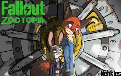 anthro clothing costume duo female male vault_suit quirky-middle-child disney fallout microsoft zootopia judy_hopps nick_wilde canid canine fox lagomorph leporid mammal rabbit red_fox true_fox 2016 crossover hi_res