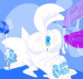 anthro ass_up bodily_fluids butt cum cum_covered cum_everywhere cum_on_butt cum_on_face cum_on_feet feet female fur genital_fluids genitals group machine male male/female messy musk owo penis penis_everywhere sweat sweatdrop white_body white_fur seacero protogen hi_res