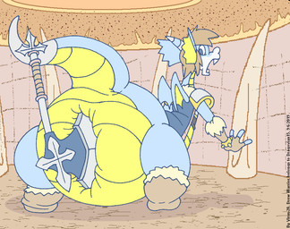 anthro axe battle_axe big_butt blue_body brown_hair butt hair huge_butt hyper hyper_butt male membrane_(anatomy) membranous_wings monobutt multicolored_body overweight overweight_male pain solo tail two_tone_body wings yellow_body virus-20 mythology drew_(dragovian15) dragon mythological_creature mythological_scalie scalie digital_media_(artwork)