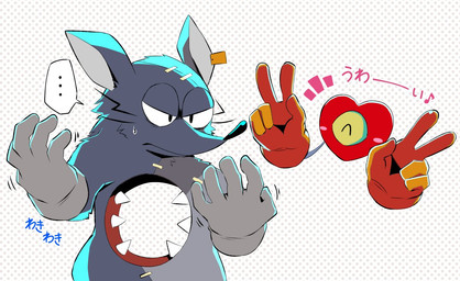 anthro blush bodily_fluids clothing dotted_background duo ear_piercing ear_tag ellipsis fur gesture gloves grey_body grey_fur hand_gesture handwear hole_(anatomy) male pattern_background piercing simple_background stitch_(sewing) sweat sweatdrop text v_sign kai11 mad_rat_dead nippon_ichi nippon_ichi_software heart_(mad_rat_dead) mad_rat_(mad_rat_dead) mammal murid murine rat rodent japanese_text male_(lore)