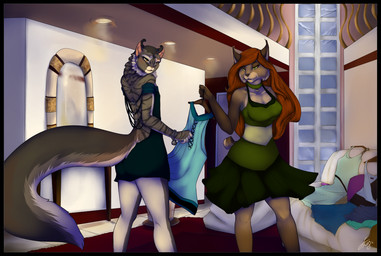bracelet clothed clothing collar dress duo female fluffy fluffy_tail green_eyes hair holding_object inside jewelry lights long_hair looking_at_viewer red_hair standing tail window yellow_eyes firetally felid mammal 2013