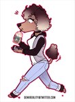 anthro beverage bottomwear brown_body brown_fur brown_hair clothed clothing drinking electronics female fur gradient_hair grey_clothing grey_eyes grey_jacket grey_topwear hair holding_beverage holding_object holding_phone jacket mouth_closed multicolored_hair open_clothing open_jacket open_topwear pants phone side_view simple_background solo tan_hair text topwear torn_bottomwear torn_clothing torn_pants two_tone_hair walking white_background white_clothing white_topwear demireality canid canine canis domestic_dog mammal poodle url