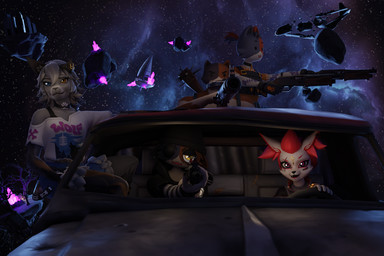 anthro blue_eyes clothing ear_piercing female fur grey_body grey_fur group hair headgear headwear heterochromia male piercing pink_eyes pink_hair space tail white_body white_fur yellow_eyes kigerlynn epic_games fortnite cate_meowdy kimiko_five-tails meow_skulls meowscles wolfie_(fortnite) calico_cat canid canine canis domestic_cat felid feline felis fox mammal wolf 2025 3:2 digital_media_(artwork) hi_res