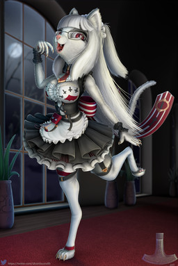 alternative_fashion anthro big_breasts breasts clothing cross detailed_background digitigrade eyewear female fur glasses goth gothic_lolita hair inverted_cross j-fashion legwear lolita_(fashion) maid_uniform mischievous moon night open_mouth red_eyes running solo stockings uniform victorian_goth white_body white_fur white_hair ukon_vasara lucy_pyre domestic_cat felid feline felis mammal digital_media_(artwork) hi_res signature
