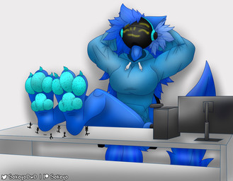 anthro armor big_breasts big_feet blue_body blue_fur bottomless breasts chair claws clothed clothing computer computer_monitor desk electronics extreme_size_difference feet female foot_fetish foot_focus foot_on_table freckles fur furniture hair hindpaw hoodie hoodie_only long_hair machine office_chair pawpads paws size_difference sleeping solo table tail text thick_thighs topwear topwear_only sokoyo_owo starry_(sokoyo_owo) protogen hi_res