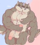 abs anthro balls biceps big_penis duo erection genitals hand_on_chest hand_on_penis hand_over_shoulder humanoid_genitalia humanoid_penis male male/male muscular muscular_anthro muscular_male muscular_thighs pecs penis smile vein darkai canid canine canis mammal 2021 hi_res sibling_(lore) twins_(lore)