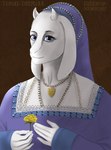 anthro blue_eyes bonnet clothing dress female flower headgear headwear historical jewelry looking_at_viewer necklace plant smile smiling_at_viewer text cinnameana toby_fox_(copyright) undertale undertale_(series) anne_boleyn toriel bovid caprine goat mammal absurd_res english_text hi_res portrait