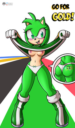 advertisement alternate_color anthro blush breasts butt butt_focus clothed clothing clothing_lift curvy_figure dress dress_lift female flashing flashing_breasts fur green_body green_eyes green_fur panties solo tattoo text tramp_stamp underwear fourssss olympics sega sonic_the_hedgehog_(series) amy_rose eulipotyphlan hedgehog mammal 2025 digital_drawing_(artwork) digital_media_(artwork) hi_res signature