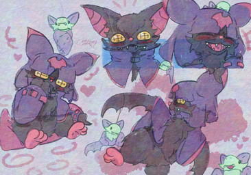 anthro black_body black_fur blush cloak clothing cowl fur male pupils sharp_teeth smile solo teeth unusual_pupils wings yellow_eyes yogurtpubes bandai_namco digimon chiropmon digimon_(species) absurd_res hi_res multiple_scenes