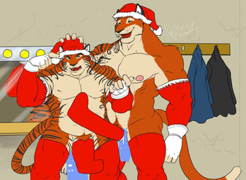 anthro biceps clothed clothing duo gloves green_room handwear hat headgear headwear holidays legwear male mirror muscular skimpy slightly_chubby stockings tail vanity_mirror year panda_lover christmas felid mammal pantherine tiger 2010 censored
