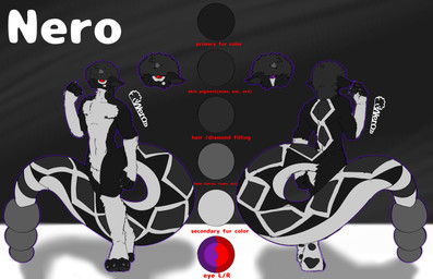 big_tail digitigrade fur grey_body grey_fur heterochromia long_tail male markings paws rattle_(anatomy) red_eyes slim solo spots spotted_markings standing striped_markings stripes tail text white_body white_fur wool_(fur) nerothefloof nero_(nerothefloof) bovid caprine caprine_demon chimera demon goat_demon hybrid mammal reptile scalie snake absurd_res digital_drawing_(artwork) digital_media_(artwork) english_description english_text hi_res model_sheet