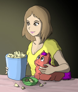 ambiguous_feral ambiguous_gender bowl brown_eyes brown_hair closed_smile clothing container duo eyelashes female female_human feral food food_bowl fur hair holding_another holding_food holding_object light light_body light_skin lips looking_at_another mouth_closed open_mouth open_smile pet_bowl pink_body pink_fur pink_lips popcorn purple_hair purple_tail sitting smile tail topwear yellow_clothing yellow_topwear young young_ambiguous young_feral carpdime fluffy_pony fluffy_pony_(species) human mammal digital_media_(artwork) lighting shaded story story_in_description