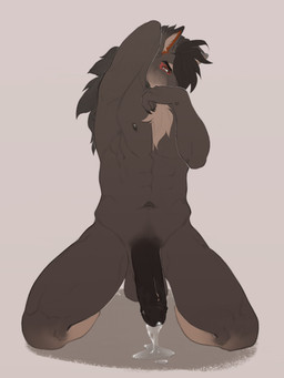 abs anthro areola balls big_penis black_areola black_eyebrows black_hair black_nipples black_penis bodily_fluids chest_tuft claws cum cum_on_ground erection eyebrows fingers front_view genital_fluids genitals hair hand_behind_head humanoid_genitalia humanoid_penis inner_ear_fluff kneeling looking_at_viewer male muscular navel nipples pecs penis pose simple_background snout solo tuft vein veiny_penis yellow_eyes maison_6 canid canine mammal 3:4 colored digital_drawing_(artwork) digital_media_(artwork) hi_res pinup