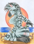 anthro beach biped breasts butt detailed_background female heart_eyes heart_symbol looking_at_viewer nipples outside sand sea seaside sitting sky solo stripes tail water lizebra ambient_arthropod ambient_crab ambient_crustacean ambient_sealife equid equine mammal zebra