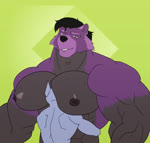 anthro areola big_pecs bone bouncing_pecs chest_tuft facial_hair horn male male/male markings moobs muscular muscular_anthro muscular_male mustache nipple_piercing nipples pecs piercing tattoo tuft grossy_vulpen mocha_latte_love tokitechie bear canid canine canis domestic_dog giant_panda lagomorph leporid mammal rabbit wolf animated loop no_sound short_playtime webm