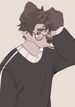 anthro black_body black_clothing black_eyes black_fur black_hair black_shirt black_topwear clothing eyewear floppy_ears fur glasses hair male shirt slim_anthro slim_male solo standing topwear wearing_glasses white_body white_fur hemuchang shin_(hemuchang) canid canine canis domestic_dog mammal 2022 hi_res