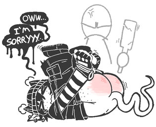 alternative_fashion angry beanie bondage_pants bottomwear bound butt butt_slap clothing cross-popping_vein dialogue duo eyes_closed fingerless_gloves gloves goth hands_tied handwear hat headgear headwear lying male multiple_piercings on_back pants piercing punishment simple_background slap spank_marks spanking spanking_paddle text white_background dondon don_(dondon) bovid caprine caprine_demon demon demon_humanoid goat_demon human humanoid mammal 2026 black_and_white english_text monochrome spot_color