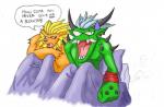 annoyed anthro bed bedding blanket blonde_hair blue_eyes brown_body brown_fur crossed_arms dialogue duo fangs fur furniture green_body hair humor looking_away male male/male open_mouth sharp_teeth simple_background spikes teeth text white_background white_hair hickeybickeyboo bandai_namco digimon digimon_(species) felid humanoid leomon mammal ogre ogremon 2009 english_text