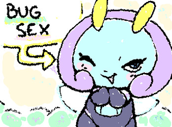 ambiguous_gender antennae_(anatomy) black_text blue_body blue_eyes blush chibi directional_arrow eyelashes featureless_hands hands_together looking_at_viewer multicolored_body one_eye_closed open_mouth open_smile pink_blush pseudo_hair purple_body smile smiling_at_viewer solo squigglevision standing text white_sclera wink winking_at_viewer ligma_(artist) nintendo pokemon arthropod generation_3_pokemon humanoid illumise insect pokemon_(species) 2026 animated digital_media_(artwork) english_text low_res wigglypaint_(artwork) female_(lore)