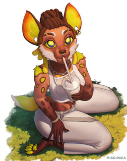 anthro barbell_piercing chain_necklace clothed clothing ear_piercing eyebrow_barbell eyebrow_piercing facial_piercing female flesh_tunnel furgonomic_piercing furgonomics gauged_ear jewelry kneeling kneeling_on_ground labret_piercing lip_piercing necklace nose_piercing piercing septum_piercing solo missonika kiwana_(linacorvus) hyena mammal hi_res