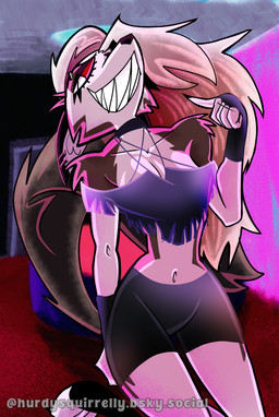 anthro bisexual_lighting bottomwear clothed clothing confident confident_female crop_top female midriff mischievous_smile navel piercing sharp_teeth shirt shorts teeth toony topwear torn_clothing torn_topwear variant_set hurdysquirrelly hellaverse helluva_boss mythology loona_(helluva_boss) canid canid_demon canine demon hellhound mammal mythological_canine mythological_creature absurd_res hi_res