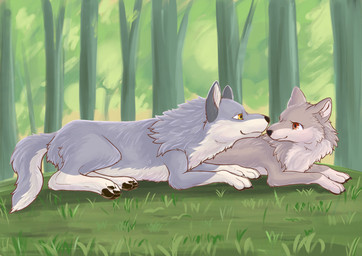 black_nose black_pawpads claws countershading day detailed_background duo eye_contact feet female feral fluffy forest fur grass grey_body grey_fur inner_ear_fluff looking_at_another lying male multicolored_body multicolored_fur nature nature_background on_front on_side outside pawpads paws plant quadruped red_eyes romantic romantic_couple smile tail toes tree tuft two_tone_body two_tone_fur white_body white_fur yellow_eyes fusau canid canine canis mammal wolf 2022 absurd_res detailed digital_media_(artwork) hi_res