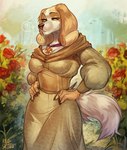 anthro clothing female flower hand_on_hip plant pose seductive solo mekaska belfort_and_lupin diane_(belfort_and_lupin) canid canine canis domestic_dog mammal hi_res pinup