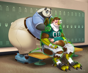 4_toes anisodactyl anthro avian_feet beak belt bench big_butt blue_eyes bottomwear butt claws clothing competition_number duo eyes_closed feet football_player jersey locker locker_room male massage number number_on_clothing number_on_jersey number_on_topwear number_print obese obese_anthro on_bench overweight overweight_anthro pants print_clothing print_jersey print_topwear shirt species_transformation tail toe_claws toes topwear torn_clothing transformation weight_gain gillpanda nfl philadelphia_eagles gillpanda_(character) pheagle swoop_(philadelphia_eagles) accipitrid accipitriform avian bald_eagle bear bird eagle giant_panda mammal sea_eagle 2015