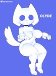 4_toes 5_fingers :3 anthro big_breasts blue_background blush breasts claws clyde_(discord) crossgender discord_(app) domestic_cat featureless_breasts feet felid feline felis female fingers fur hi_res lol_comments mammal owo signature simple_background slightly_chubby solo somescrub thick_thighs toes white_body white_fur