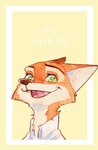 cheek_tuft clothed clothing facial_tuft fur green_eyes neck_tuft open_mouth open_smile orange_body orange_fur shirt simple_background smile solo text topwear tuft yellow_background strawberry628_(artist) disney zootopia nick_wilde canid canine fox mammal red_fox true_fox 2020 english_text hi_res painting_(artwork) traditional_media_(artwork) traditional_painting_(artwork) traditional_watercolor_(artwork) watercolor_(artwork)