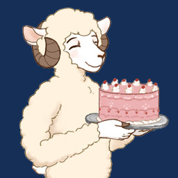anthro cake dessert ears_up eyes_closed food fur holding_cake holding_food holding_object holding_plate horn male plate smile solo tail telegram_sticker wool_(fur) reynard_goodfellow reynard_the_baa bovid caprine mammal sheep 1:1 alpha_channel