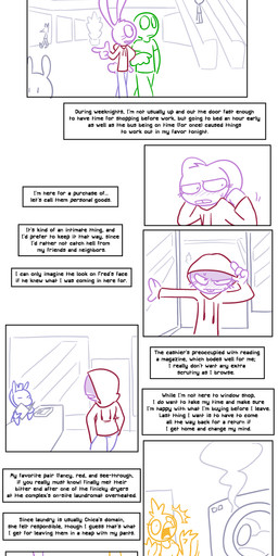 anthro appliance blush bodily_fluids clothing duo embarrassed female female/female fingers green_body hoodie laundry_machine male mall purple_body shopping sweat text topwear washing_machine yellow_body sockdraw five_nights_at_freddy's roommates:motha scottgames beanie_(roommates) chichi_(roommates) mike_schmidt avian bird chicken galliform human lagomorph leporid mammal phasianid rabbit 2025 absurd_res comic digital_media_(artwork) english_text hi_res
