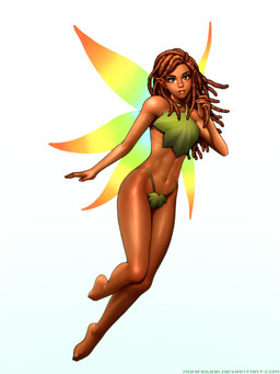 brown_eyes brown_hair dreadlocks female flying hair humanoid_pointy_ears leaf looking_at_viewer navel not_furry pointy_ears simple_background solo text white_background wings ronindude josara_(stalindc) fairy humanoid winged_humanoid 2018 3:4 absurd_res hi_res url