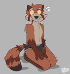 anthro blush bodily_fluids clothed clothing erection erection_under_clothing genital_fluids male paws precum shy snout solo tail tenting underwear yellow_sclera sodacaps mammal procyonid raccoon hi_res