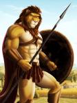 abs ancient_greece anthro armor aspis biceps bracers brown_hair brown_mane cape clothed clothing countershading greaves greece greek hair hoplite hoplon male male_anthro mane melee_weapon muscular muscular_anthro muscular_male navel pecs polearm shield skimpy solo spartan_armor_(roman) spear warrior weapon whiskers dream_and_nightmare spartan_(roman) felid lion mammal pantherine 2017 3:4 hi_res