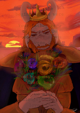 anthro armor beard bodily_fluids bouquet crown facial_hair flower flower_bouquet front_view fur headgear male plant rose_(flower) solo tears white_body white_fur ravingmoth deltarune undertale_(series) asgore_dreemurr boss_monster_(undertale) bovid caprine goat mammal absurd_res hi_res