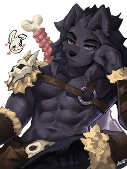 abs anthro armor black_body black_fur claws fur male muscular muscular_male pecs red_eyes skull_accessory solo lumii i_think_i_like_you mythology leon_ostiarius sky_(i_think_i_like_you) canid canid_demon canine canis demon hellhound lagomorph leporid mammal mythological_canine mythological_creature rabbit wolf 3:4 absurd_res hi_res