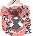 black_body blush bodily_fluids breasts featureless_breasts female hair looking_at_viewer markings pink_hair small_breasts solo sweat text doneru nintendo pokemon generation_7_pokemon humanoid legendary_pokemon pokemon_(species) tapu_lele cover_art japanese_text sketch translated