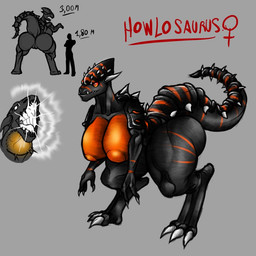 anthro areola big_breasts big_butt black_body black_scales breasts butt claws digitigrade eyelashes female genitals grey_background grey_claws huge_breasts huge_butt huge_hips huge_thighs muscular muscular_anthro muscular_female navel nipples non-mammal_breasts non-mammal_navel non-mammal_nipples nude orange_areola orange_body orange_eyes orange_nipples orange_scales orange_stripes scales simple_background solo spikes spikes_(anatomy) stripes text thick_thighs vulva wide_hips sai0nhik4ri mutant_genetic_gladiators dinosaur howlosaurus prehistoric_species reptile scalie 1:1