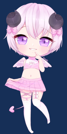 accessory bottomwear bow_ribbon cheerleader_outfit clothed clothing crossdressing feathered_wings feathers garter_straps hair_accessory hair_bow hair_ribbon horn legwear male navel purple_eyes ribbons skirt solo stockings tail wings yumemin hime_(yumemin) humanoid alpha_channel hi_res